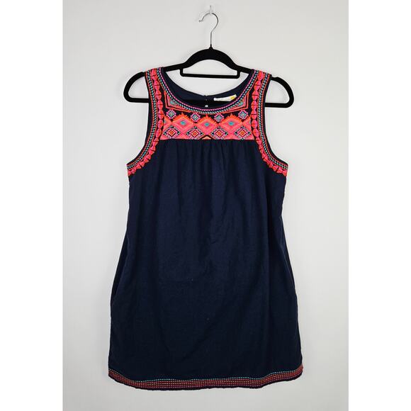 C&C California Sleeveless Dress Large Navy Embroidered Boho Cotton Lined Pockets - Picture 2 of 11